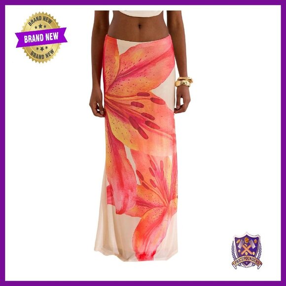 Mesh Maxi Skirt Floral Flowy Stretch Y2K Summer Casual
